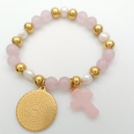 Pulsera Cuarzo rosa, padrenuestro y Acero Dorado