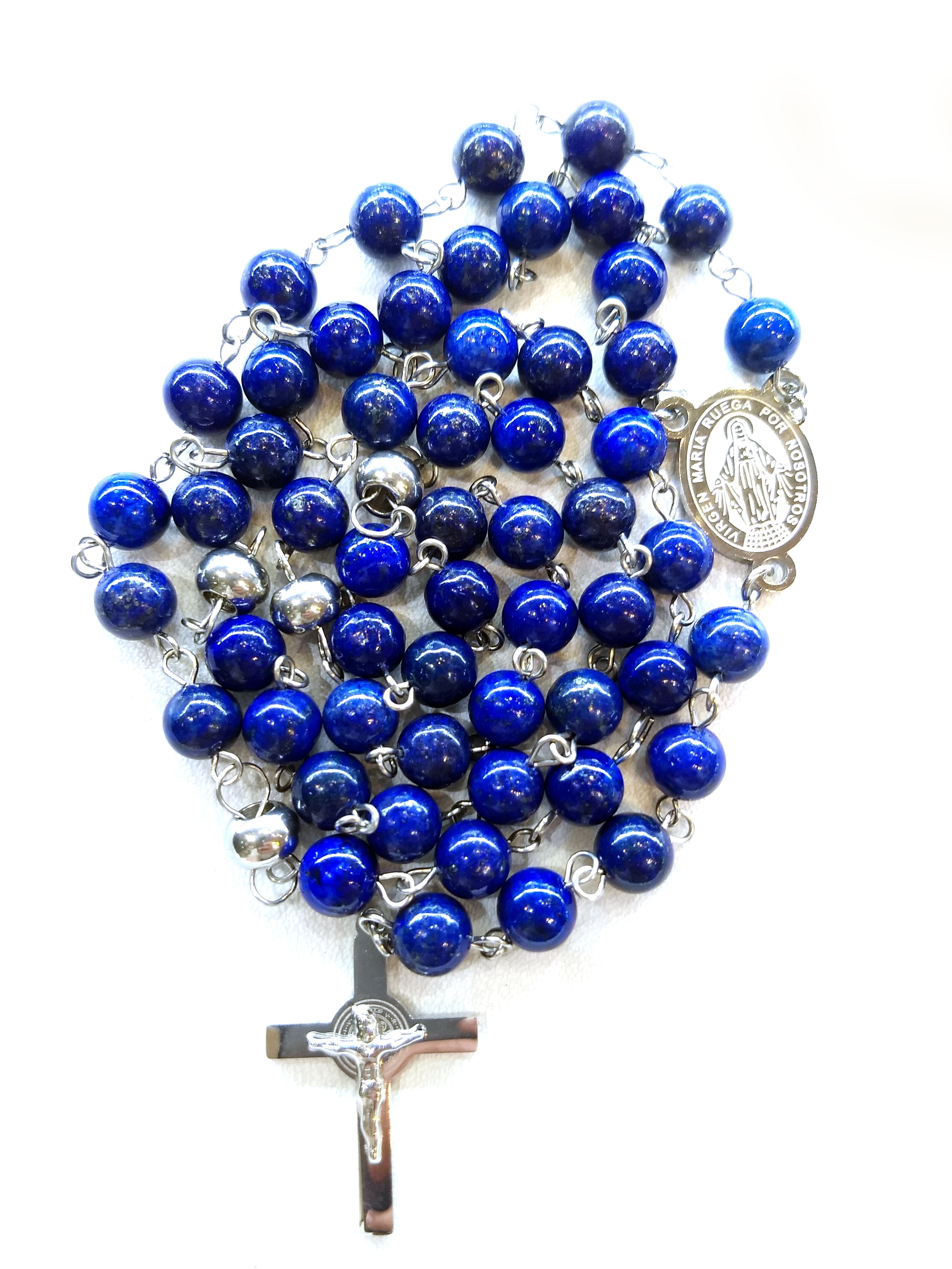 Rosario Acero plateado en Lapislazuli. Cristo de san Benito