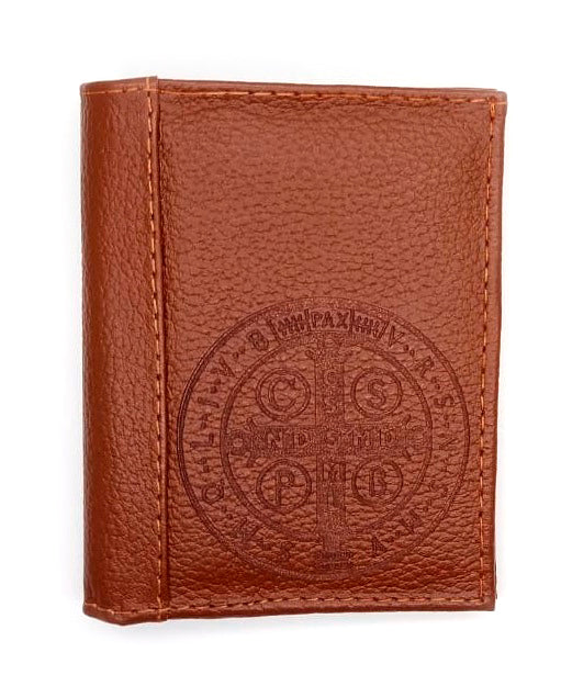 Billetera Cuero 100% Piel Colombiana, Medalla san Benito Grabada