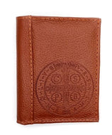 Billetera Cuero 100% Piel Colombiana, Medalla san Benito Grabada