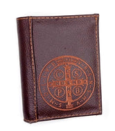 Billetera Cuero 100% Piel Colombiana, Medalla san Benito Grabada