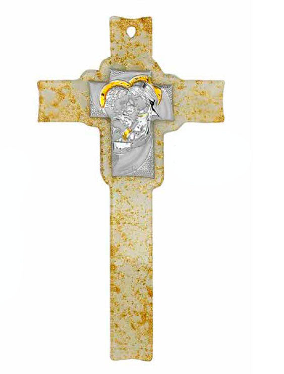 Cristo en Cristal de Murano Oro, Con Virgen en Plata